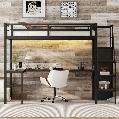 Twin XL Size Loft Bed with L-shaped Desk and USB, Metal Loft Bed with Wardrobe and Adjustable Shelf, High Loft Bed with LED for Kids Teens Adults, Black image 2