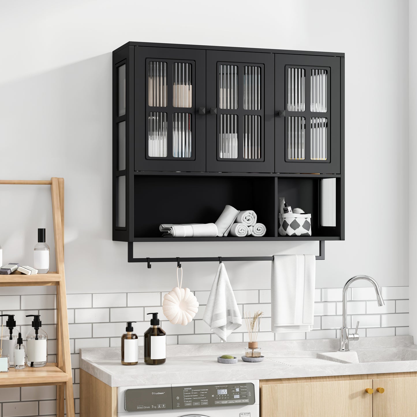 Bathroom Wall Cabinet, 3-Door Wooden Wall Cabinet with Open and Hidden Storage Space, Medicine Cabinet with Glass Door and Towel Bar for Entryway Living Room Bathroom Dining Room,Black image 2