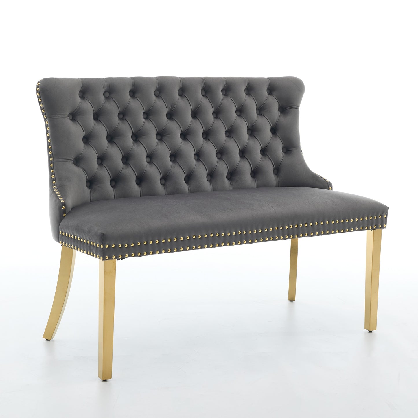 Velvet Double Dining Loveseat Bench, Kitchen & Dining Seating, 2-Seat Tufted Bench w/Handmade Buttons, Wing Back, Gold-Plated Steel Legs, Mid Century Modern,Single Pack,Gray,SW1602GY image 3
