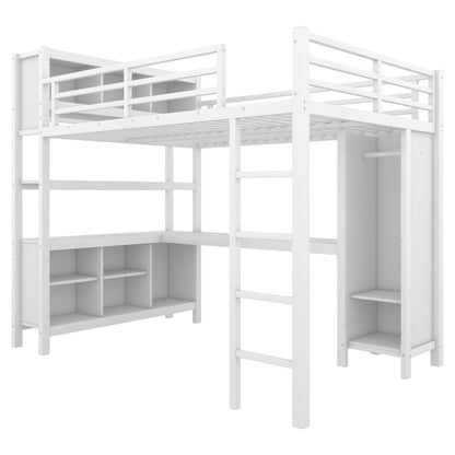 Metal Loft Bed with Wardrobe And L-shaped Desk, Full Size Loft Bed with Storage Cubes and Shelves, Heavy Duty Loft Bed for Kids Teens Adults, White image 6