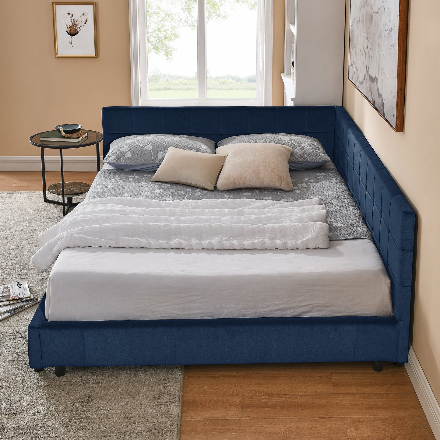 Queen Size Upholstered Tufted Bed Frame, Sofa Bed Frame with Comfortable Backrest and Armrests, Queen Size Bed for Bedroom, Living Room,Velvet, DARK BLUE(85.5''*64.5''*30.5'') image 2