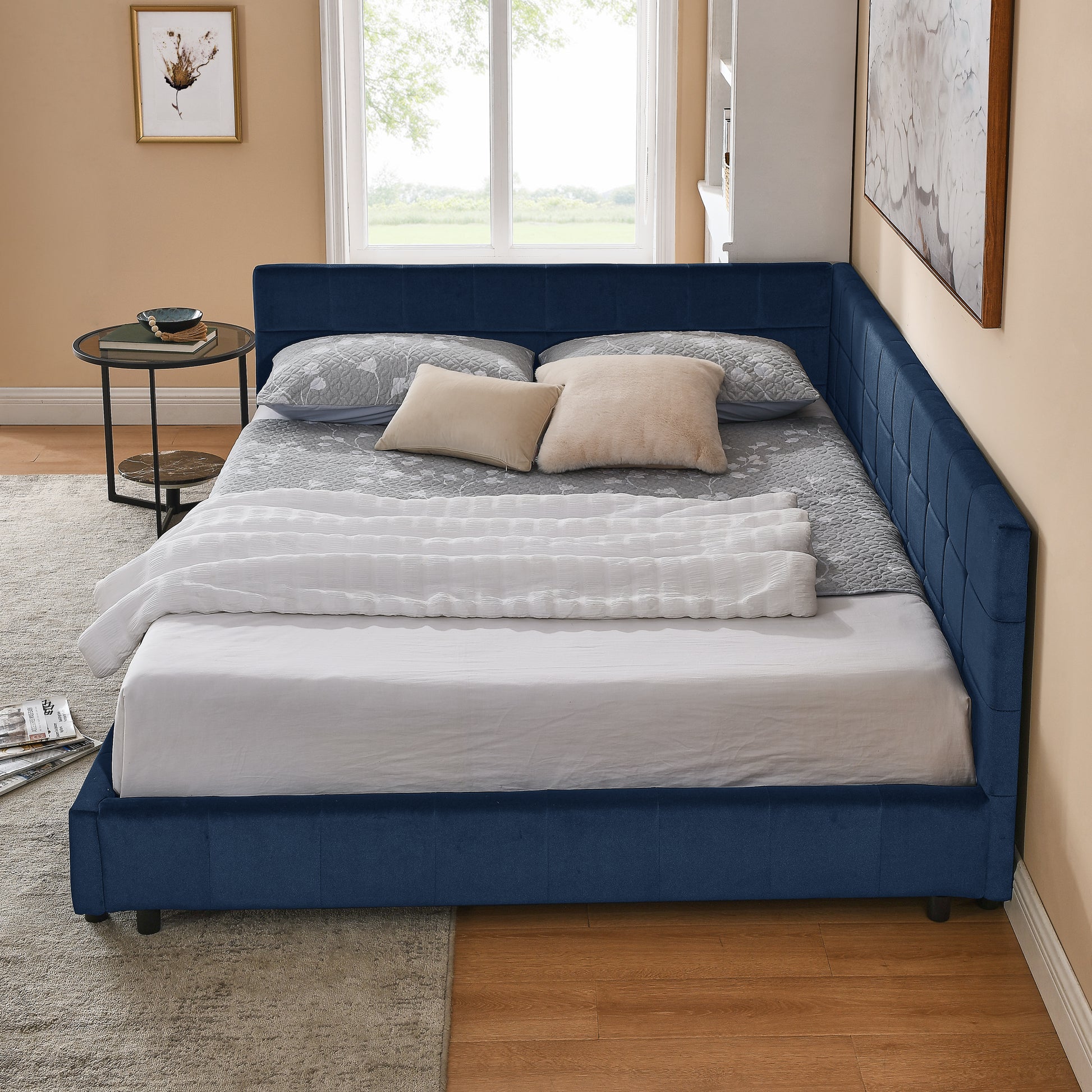 Queen Size Upholstered Tufted Bed Frame, Sofa Bed Frame with Comfortable Backrest and Armrests, Queen Size Bed for Bedroom, Living Room,Velvet, DARK BLUE(85.5''*64.5''*30.5'') image 2