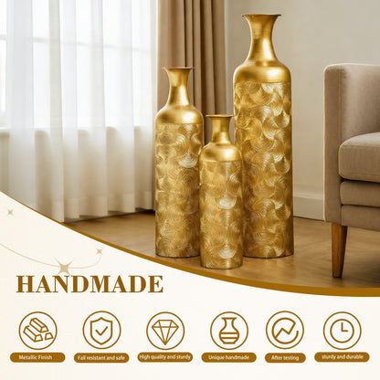 3 Pack Gold Metal Vase Set, Tall Embossed Nested Vases, Semi-Handcrafted Decorative Centerpieces for Home, Living Room, Floor, Fireplace, Not Waterproof image 2