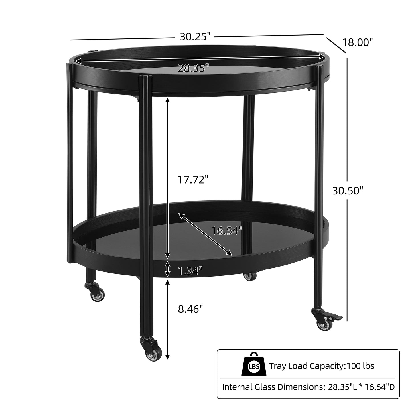 Oval Black Bar Cart with 2 Black Tempered Glass Shelves image 4