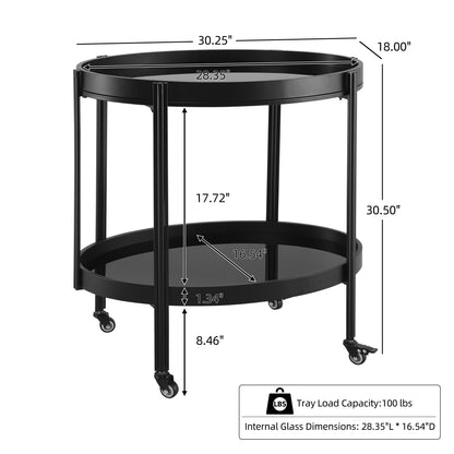 Oval Black Bar Cart with 2 Black Tempered Glass Shelves image 4