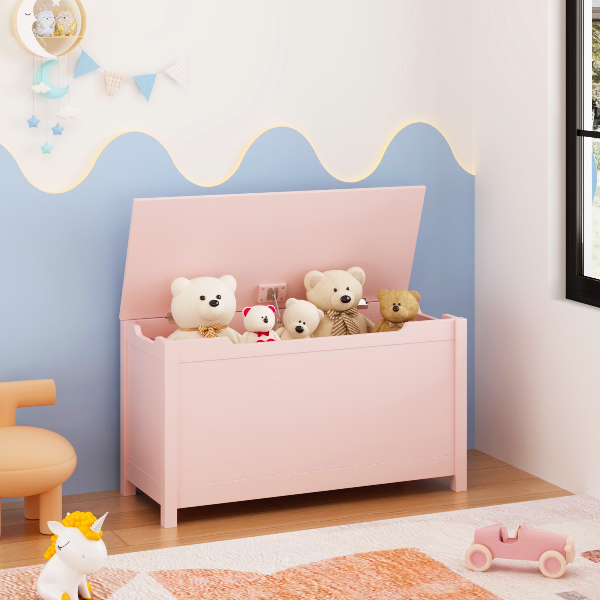 Kids Wooden Toy Box Storage with Safety Hinged Lid for Ages 2+ (Pink) image 11