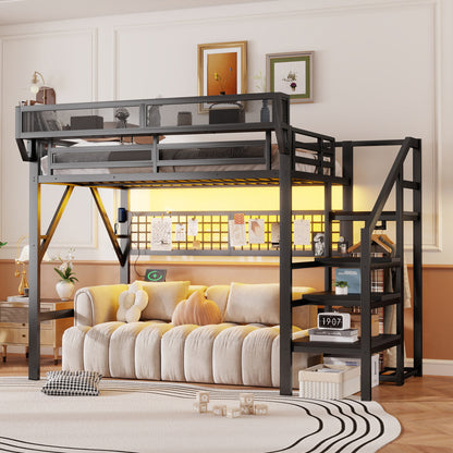 Full Size Loft Bed with Charging Station, Metal Full Loft Bed with Light and Storage, High Loft Bed with Wardrobe and Storage for Kids Teens Adults, Black(Old SKU W2580S00051) image 4