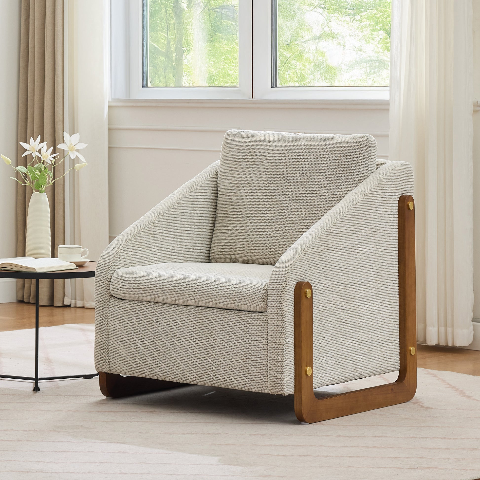 057-Set of 1 Chenille Fabric Modern Upholstered Armchair with Wooden Side Frame, Accent Leisure Chair with Cushioned Seat and Backrest for Living Room, Bedroom,Beige image 10