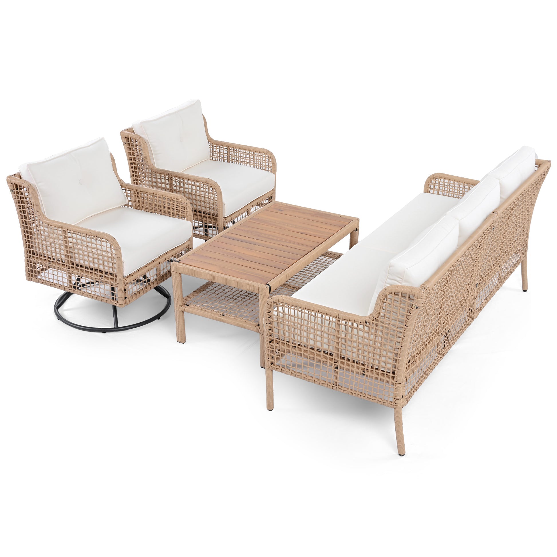 <Old SKU: N704G201247A> 4 Pieces Patio Furniture Set with Swivel Chairs, Outdoor Wicker Sofas for 5-person, Sectional Rattan Outdoor Conversation Set for Poolside Backyard Deck, Beige image 12