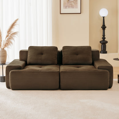 82" Modern L-Shaped Modular Sectional Sofa for Living Room, Corduroy Fabric, 2-Seater Couch with Deep Seat, Pearl-like piping, Tufted Design, No Assembly, Anti-slip Design​, Brown image 1