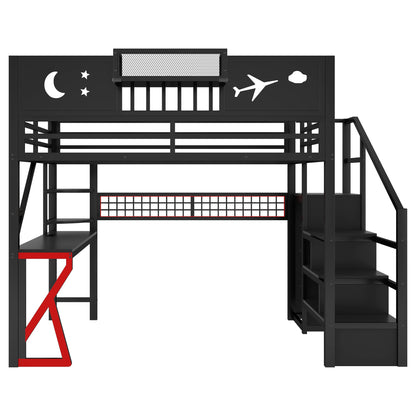Full Size Loft Bed with Stairs, Metal Full Loft Bed with High Guardrails and Beside Storage Shelf, High Loft Bed with Wardrobe for Kids Teens, black(Expect Arrival Date2026/5/18) image 11