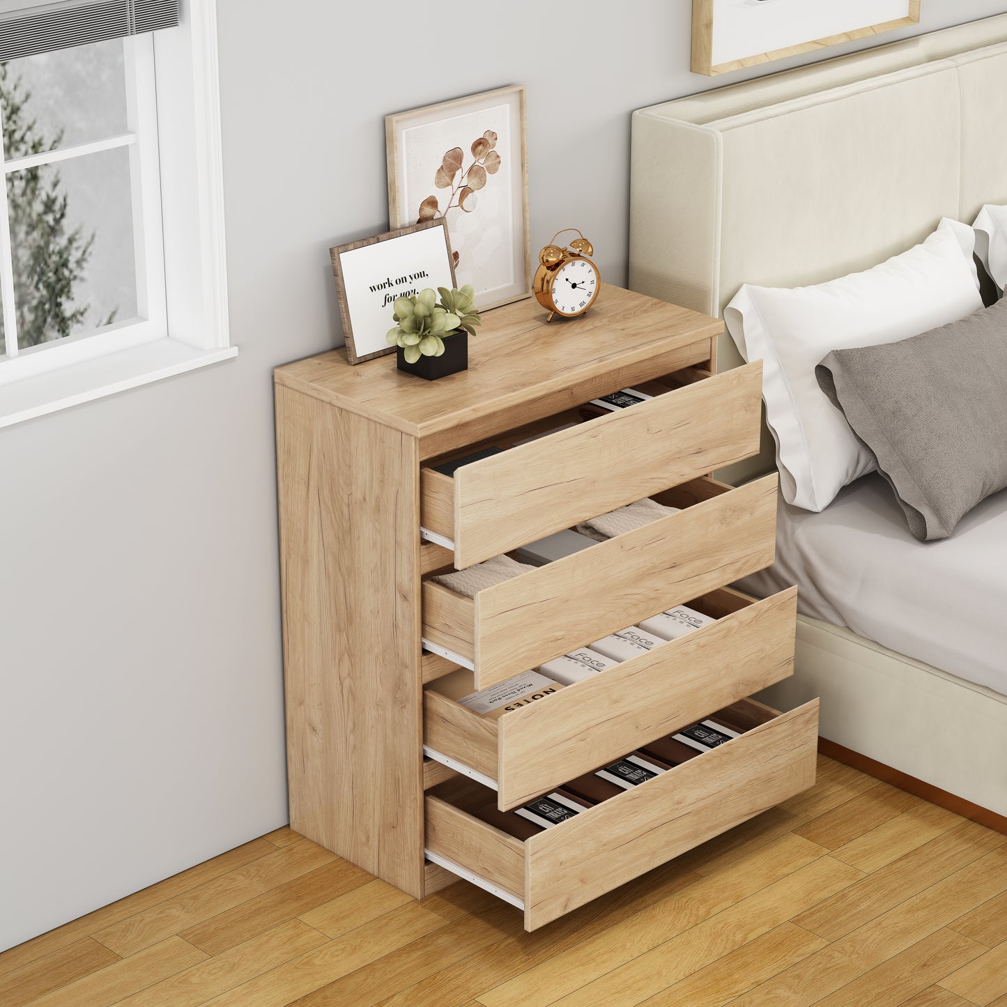 4 Drawer Dresser,Modern Storage Chest of Drawers,31.5In Natural Dresser for Closet with Handle-Free Design, Closet Chests Organizer for Bedroom, Living Room,Natural image 5
