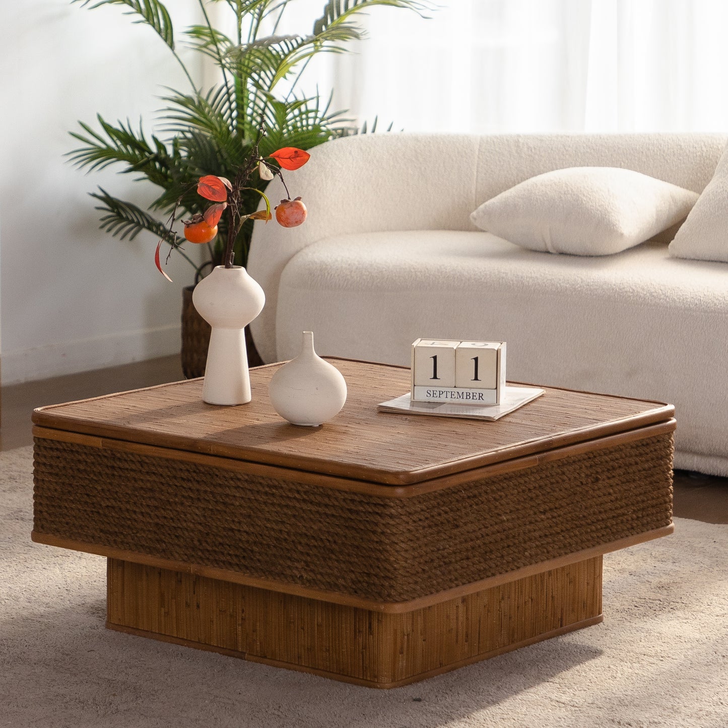 31.52"Square Rattan + Hemp Rope Coffee Table With Adjustable Storage Function, Featuring A Vintage Natural Style,for Dining Room, Kitchen And Living Room,Natural image 1