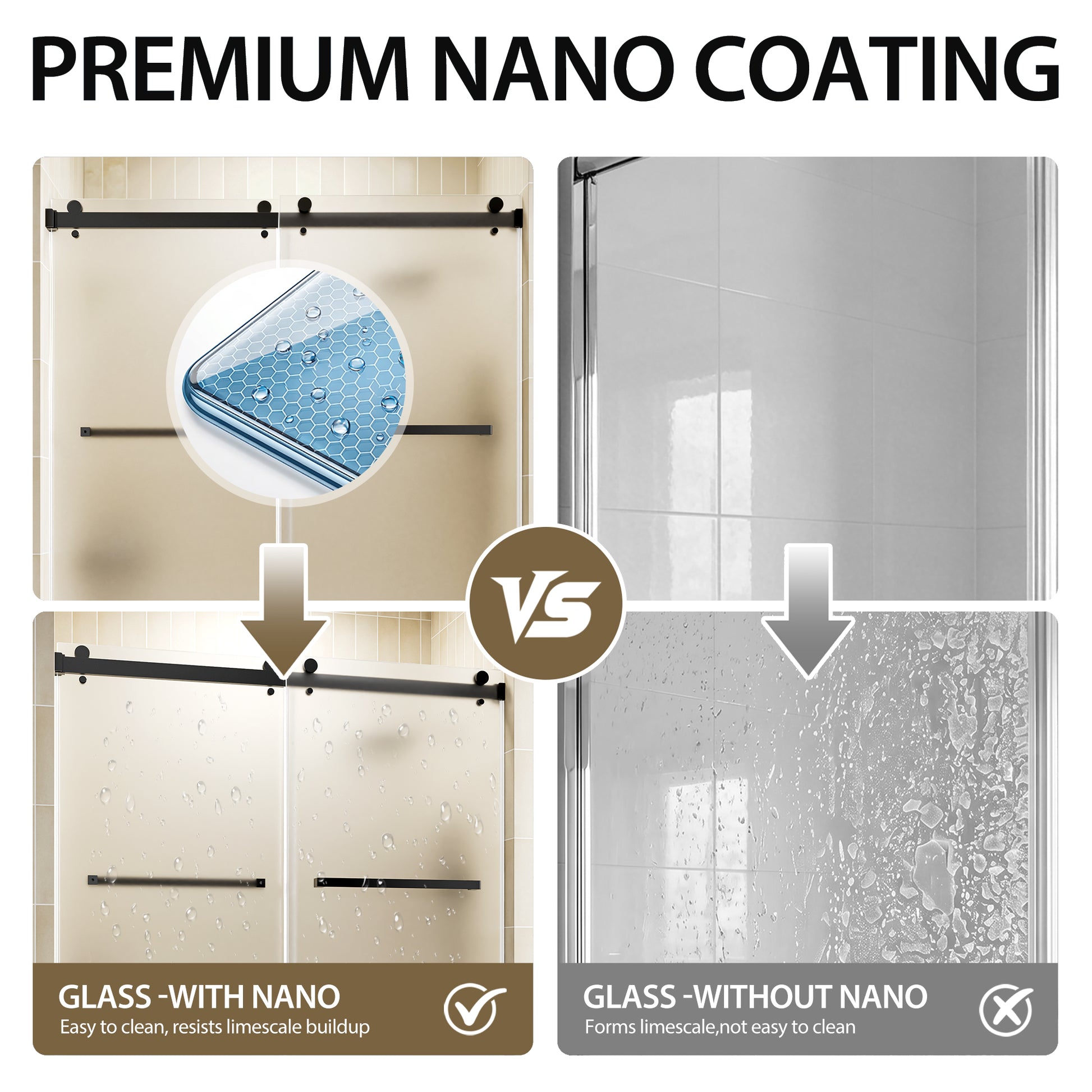 56-60" W x 60" H Frameless Double Sliding Shower Door, Premium 1/4" (6mm) Thick Frosted Ultra-Clear Nano-Coated Tempered Glass, Stainless Steel, Matte Black image 6