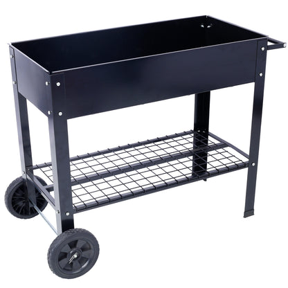 Products Elevated Mobile Raised Ergonomic Metal Planter Garden Bed for Backyard, Patio w/Wheels, Lower Shelf, black image 1