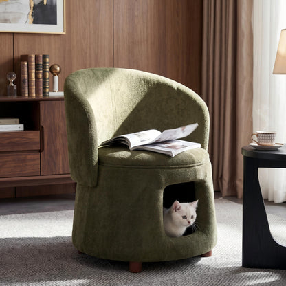 Green Pet Friendly Chair with Hidden Pet Nook, Convertible Stool, Storage Seat, 220lbs Capacity, Acacia Wood Legs image 1