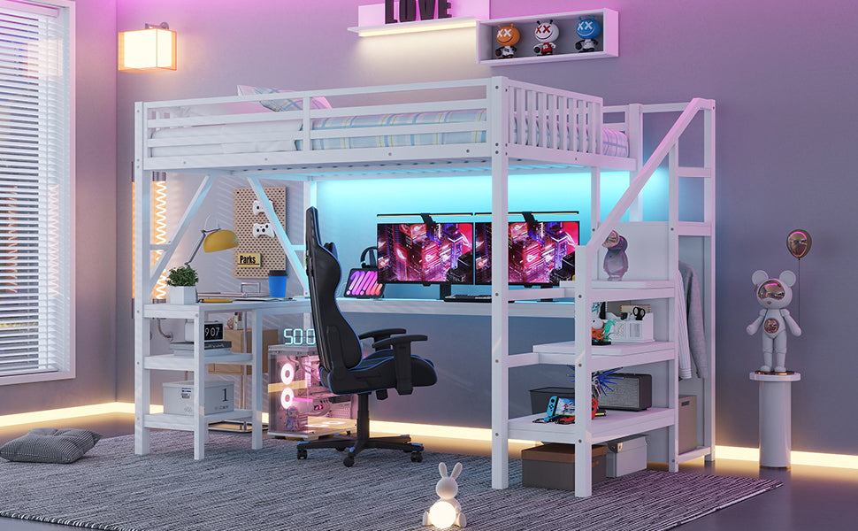 Metal Full Loft Bed with Wardrobe and LED Light, Full Size Loft Bed with L Shaped Desk and USB for Kids Teens Adults, White(Expect Arrival Date 2026/3/2) image 8