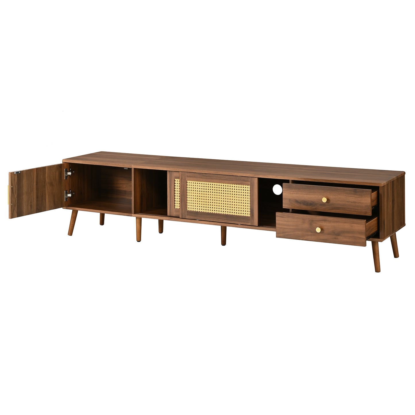 76" Modern Rattan Doors TV Stand for TVs up to 85 Inches, Wood-Grain Entertainment Center with Storage Cabinets, TV Media Console Table for Living Room, Bedroom image 11
