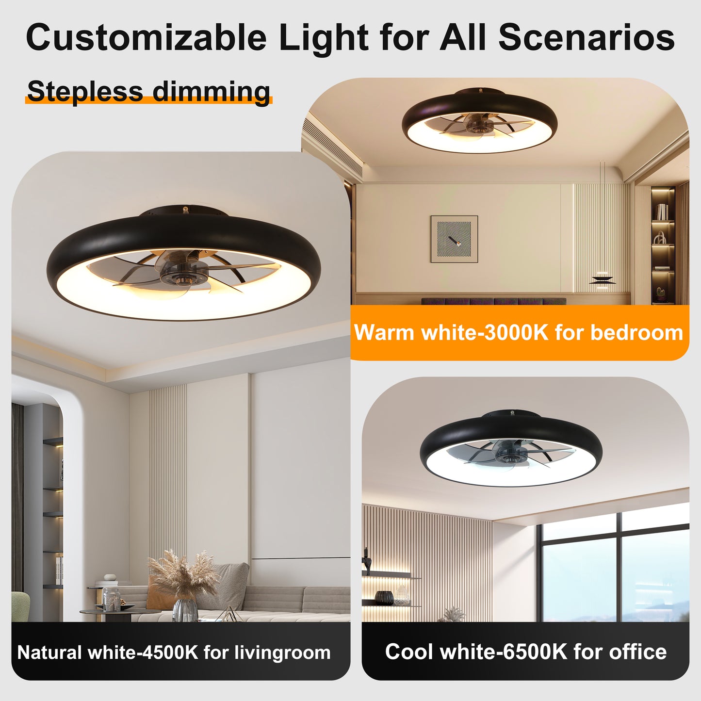 Low profile ceiling fan for bedroom - matte black finish