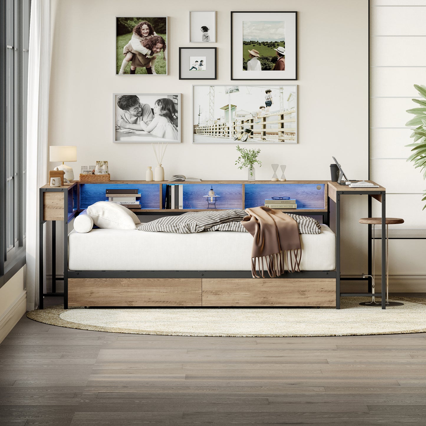 Corner Bed Frame Twin Size with Bookcase and 2 Underbed Storage Drawers, Modern Twin Bed with LED Light and Charging Station, Grey image 2