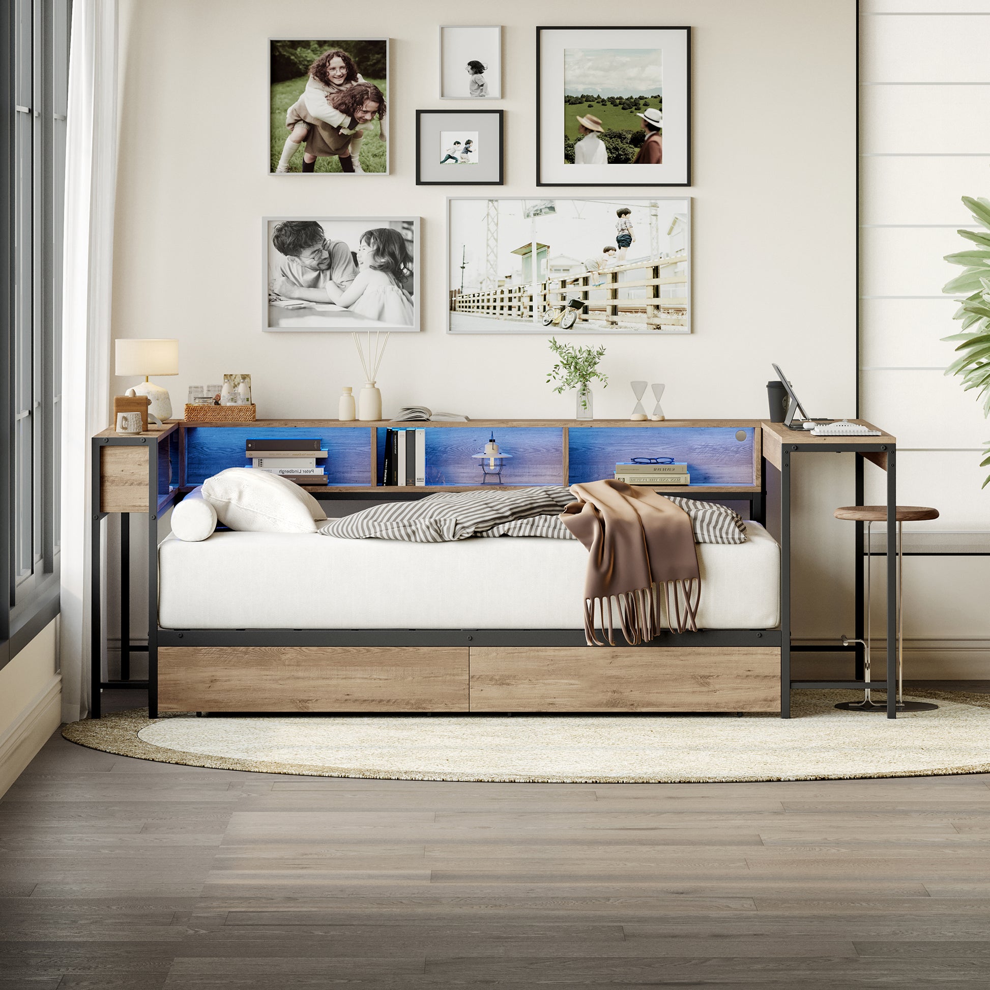 Corner Bed Frame Twin Size with Bookcase and 2 Underbed Storage Drawers, Modern Twin Bed with LED Light and Charging Station, Grey image 2