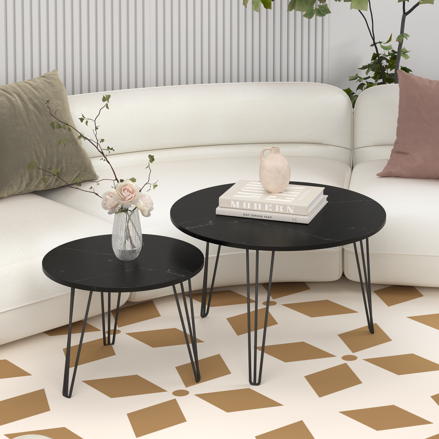 27.56'' Round Nesting Coffee Table Set of 2, Circular Nesting End Table Set, Round Marble Tabletop, and Sturdy Metal Base for Living Room, bedroom, Black image 11