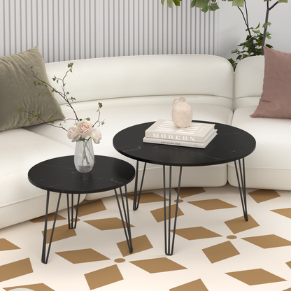 27.56'' Round Nesting Coffee Table Set of 2, Circular Nesting End Table Set, Round Marble Tabletop, and Sturdy Metal Base for Living Room, bedroom, Black image 11