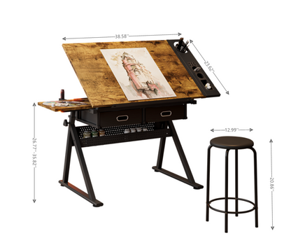adjustable drawing drafting table desk with 2 drawers for home office and school with stool(brown) image 6