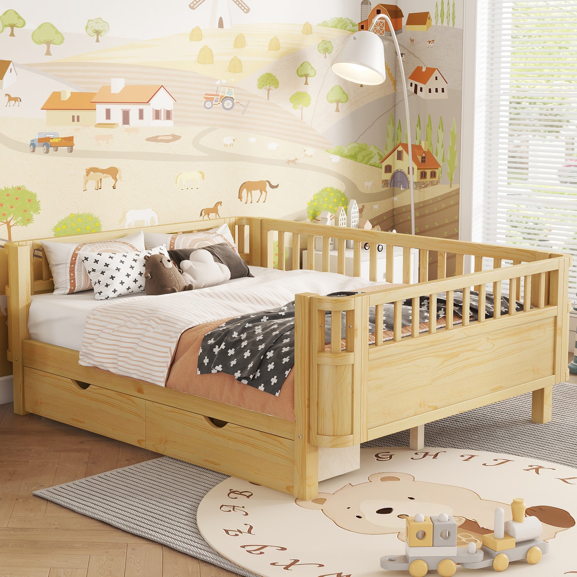 Full Size Wood Platform Bed for Kids, Wood Low Profile Full Bed with Rails for Girls and Boys, Natural (Old SKU W2593P331687) image 2