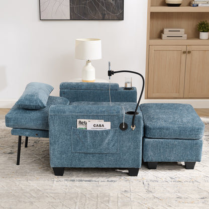 Single sofa recliner with manually adjustable backrest, USB charging port on the armrest side, phone stand included, hidden armrest storage, and a matching storage ottoman-Blue image 4