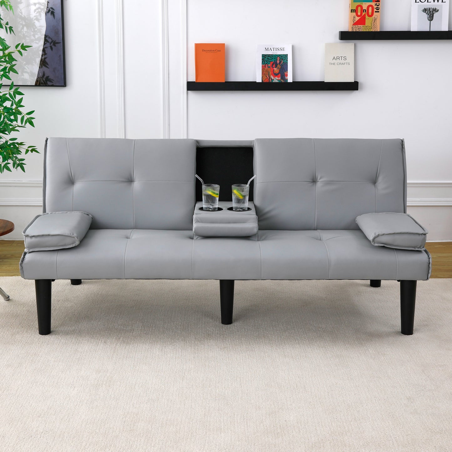 The 67-inch light gray PVC multi-functional sofa bed, with a foldable and cup holder design, makes it extremely convenient to turn the living room into a guest room image 3