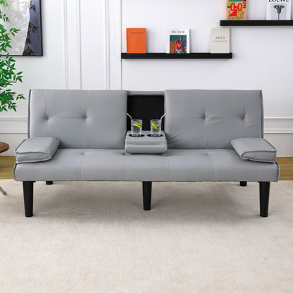 The 67-inch light gray PVC multi-functional sofa bed, with a foldable and cup holder design, makes it extremely convenient to turn the living room into a guest room image 3