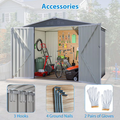 8 x 6 FT Outdoor Waterproof Garden Tool Storage Sheds with Metal Foundation with Floor Frame, Tool Shed with Lockable Hinged Doors & Air Vents, Storage House Waterproof for Backyard, Lawn, Gray image 6