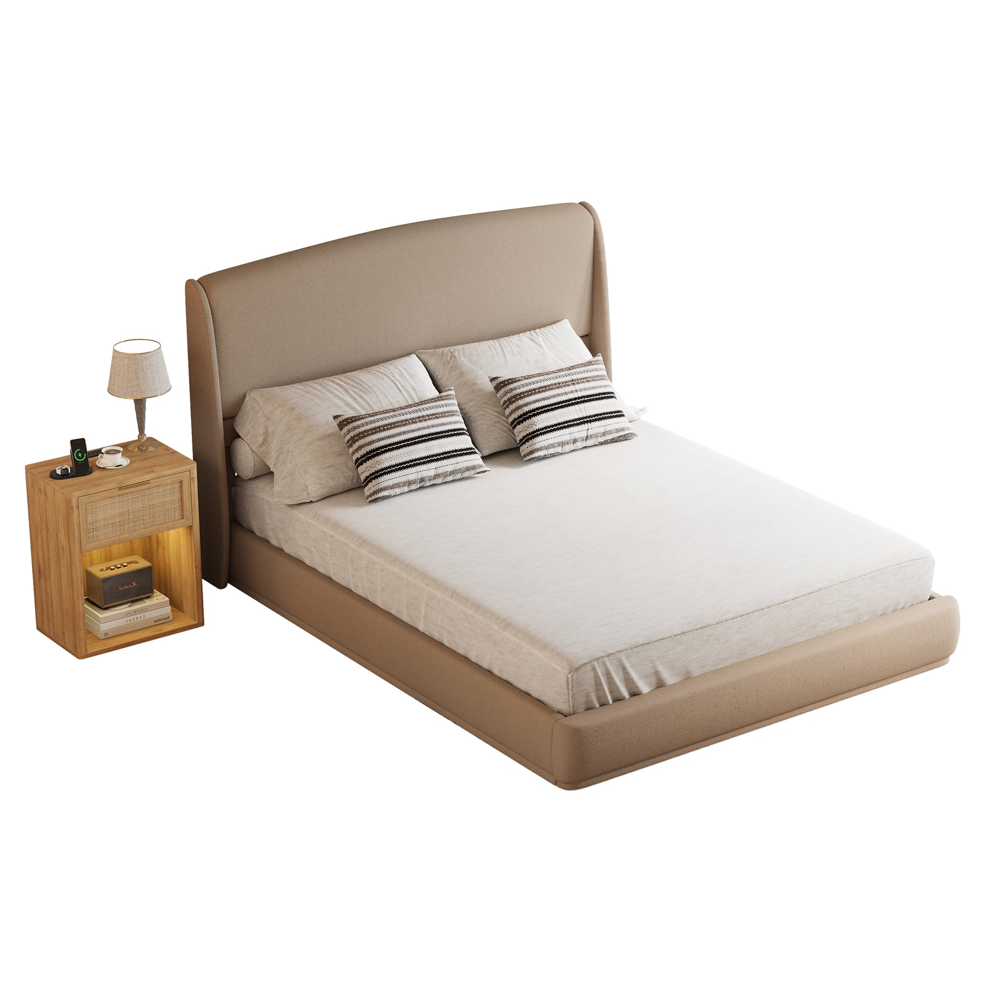 Upholstered Queen Bed Frame with Wingback Headboard, Low Profile Platform Bed with Padded Headboard, No Box Spring Needed, Easy Assembly, Elegant Linen Fabric, Brown image 8