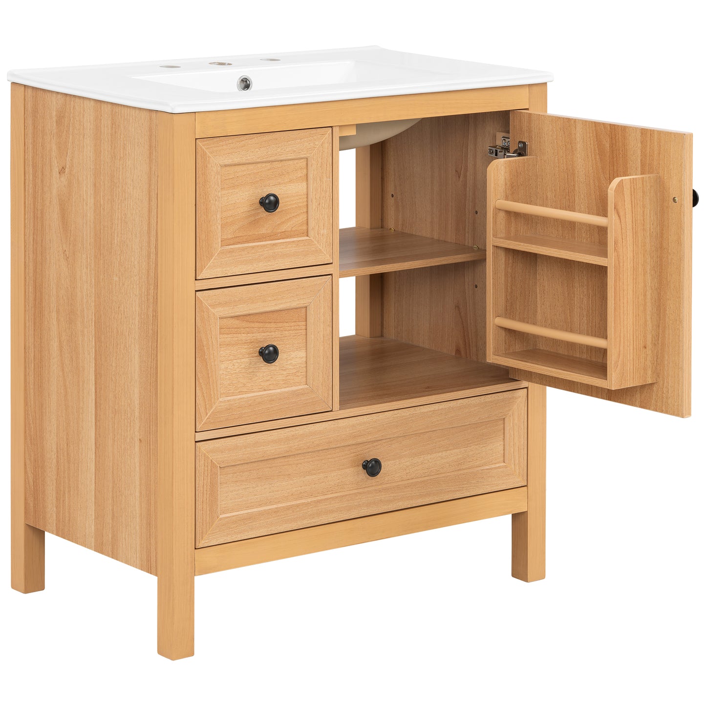 [Video] 30" Wood Grain Bathroom Vanity with Ceramic Sink, Solid Wood Legs, Adjustable Shelf & Full Soft-Close Drawers & Door, Storage Rack, Open Back Design image 12