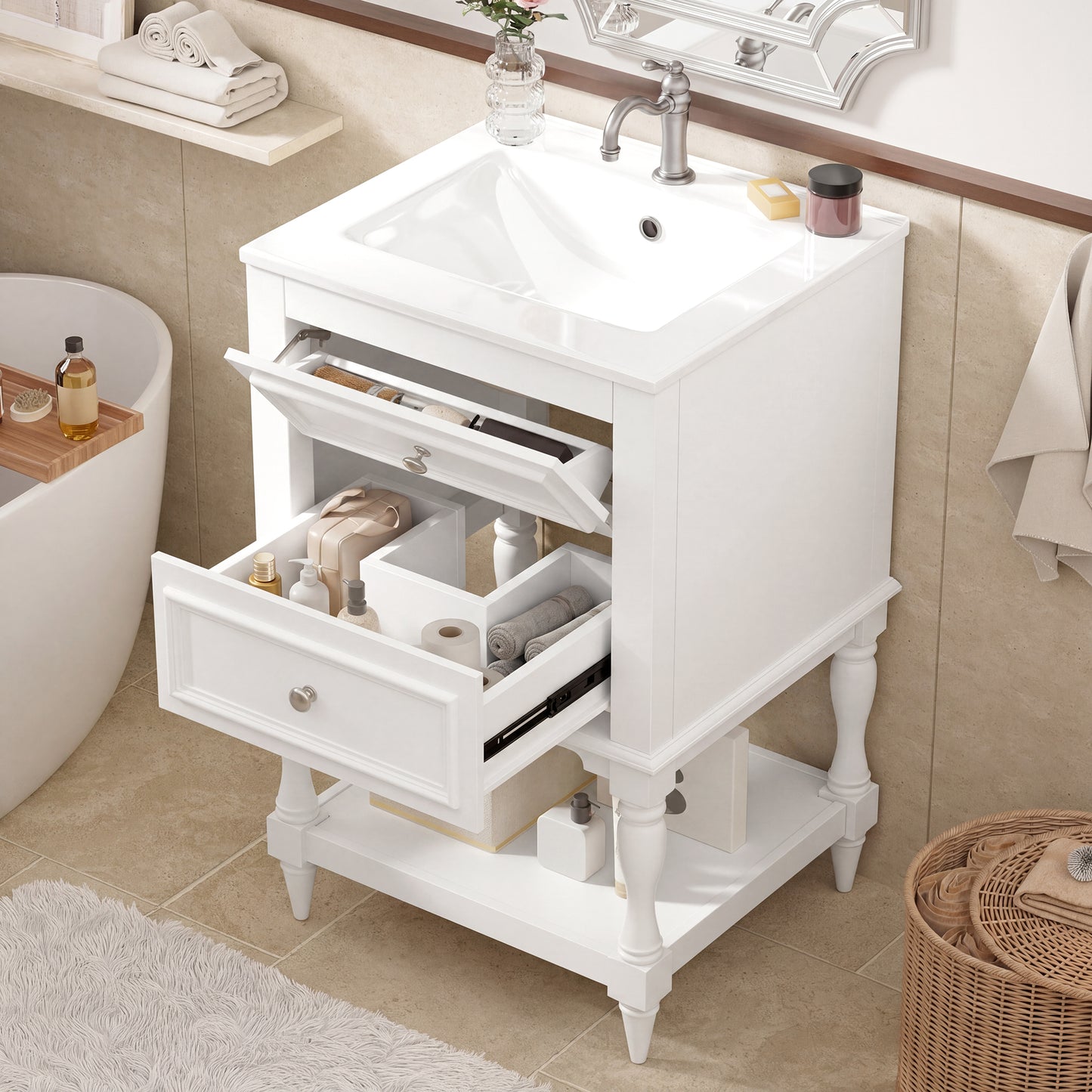 20'' Bathroom Vanity with Ceramic Sink, Bathroom Storage Cabinet with Open Shelf, Retro Design Bathroom Cabinet with 2 Drawers image 4
