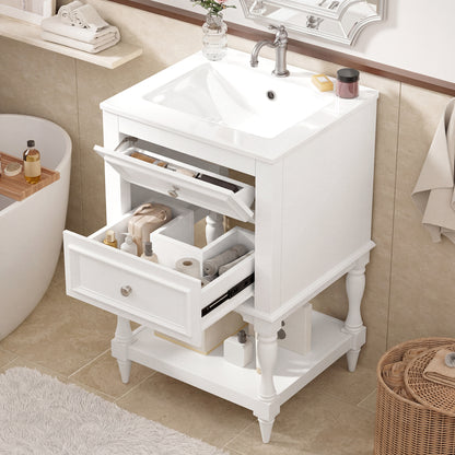 20'' Bathroom Vanity with Ceramic Sink, Bathroom Storage Cabinet with Open Shelf, Retro Design Bathroom Cabinet with 2 Drawers image 4