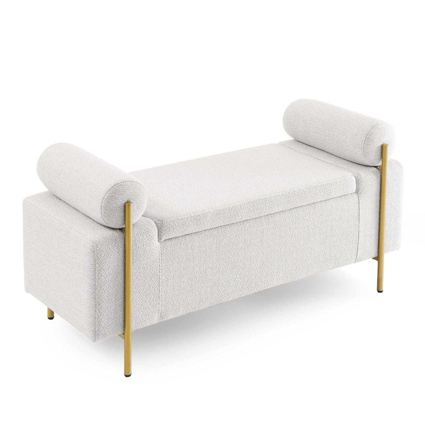 Elegant Upholstered Linen Storage Bench with Cylindrical Arms and Iron Legs for Hallway Living Room Bedroom, White image 8