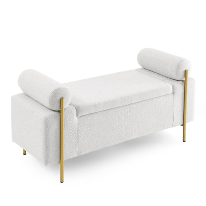 Elegant Upholstered Linen Storage Bench with Cylindrical Arms and Iron Legs for Hallway Living Room Bedroom, White image 8