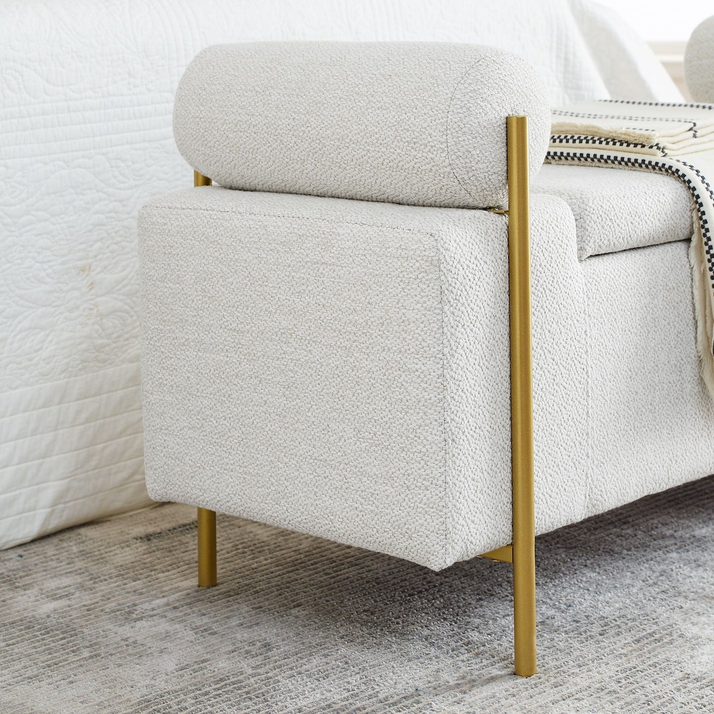 Elegant Upholstered Linen Storage Bench with Cylindrical Arms and Iron Legs for Hallway Living Room Bedroom, White image 9