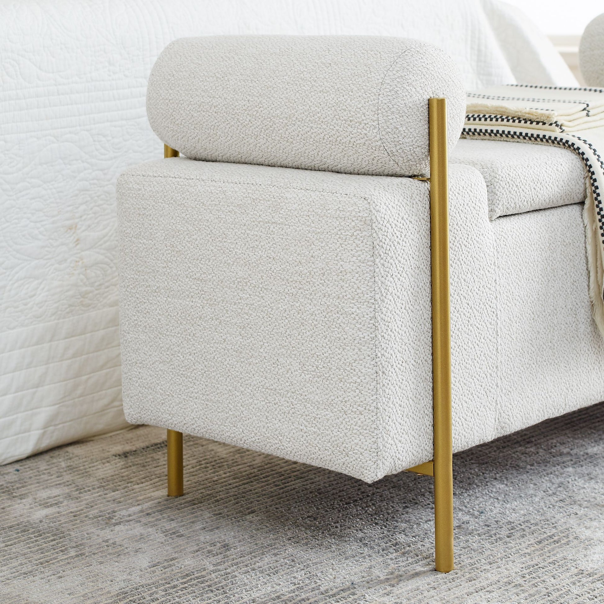 Elegant Upholstered Linen Storage Bench with Cylindrical Arms and Iron Legs for Hallway Living Room Bedroom, White image 9