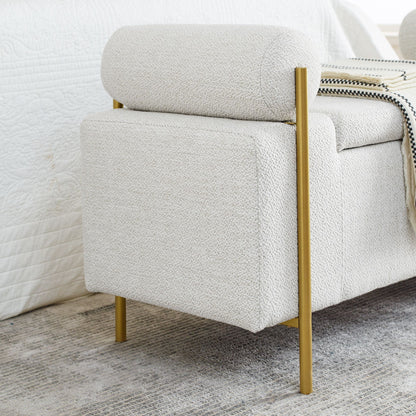 Elegant Upholstered Linen Storage Bench with Cylindrical Arms and Iron Legs for Hallway Living Room Bedroom, White image 9