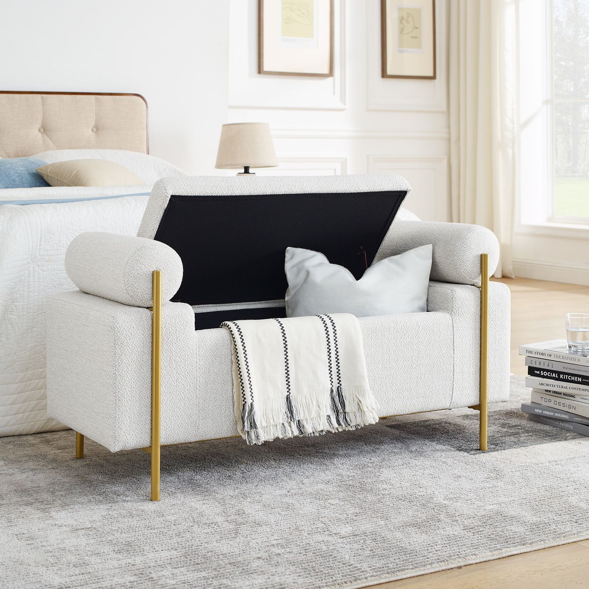 Elegant Upholstered Linen Storage Bench with Cylindrical Arms and Iron Legs for Hallway Living Room Bedroom, White image 2