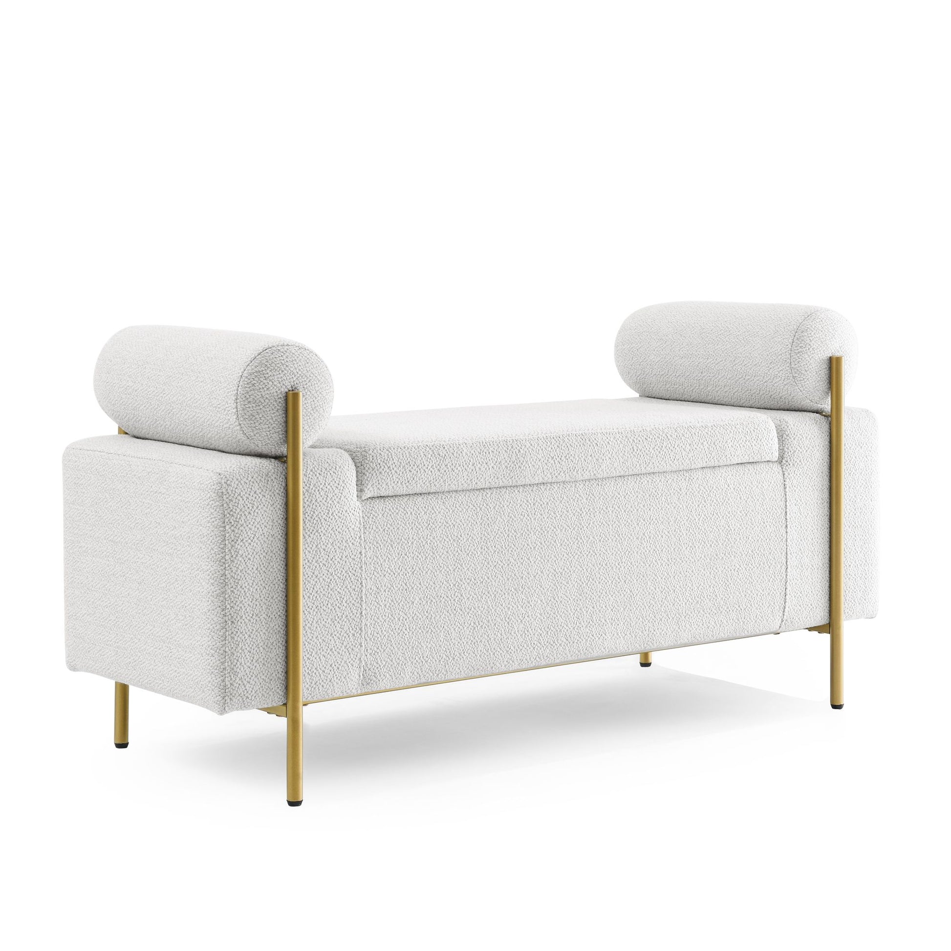 Elegant Upholstered Linen Storage Bench with Cylindrical Arms and Iron Legs for Hallway Living Room Bedroom, White image 7
