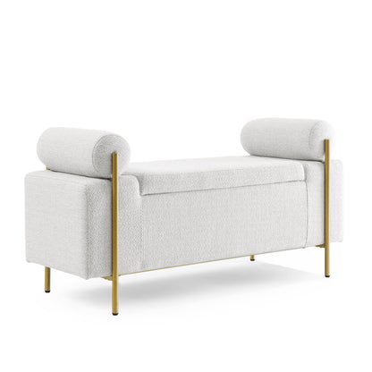 Elegant Upholstered Linen Storage Bench with Cylindrical Arms and Iron Legs for Hallway Living Room Bedroom, White image 7