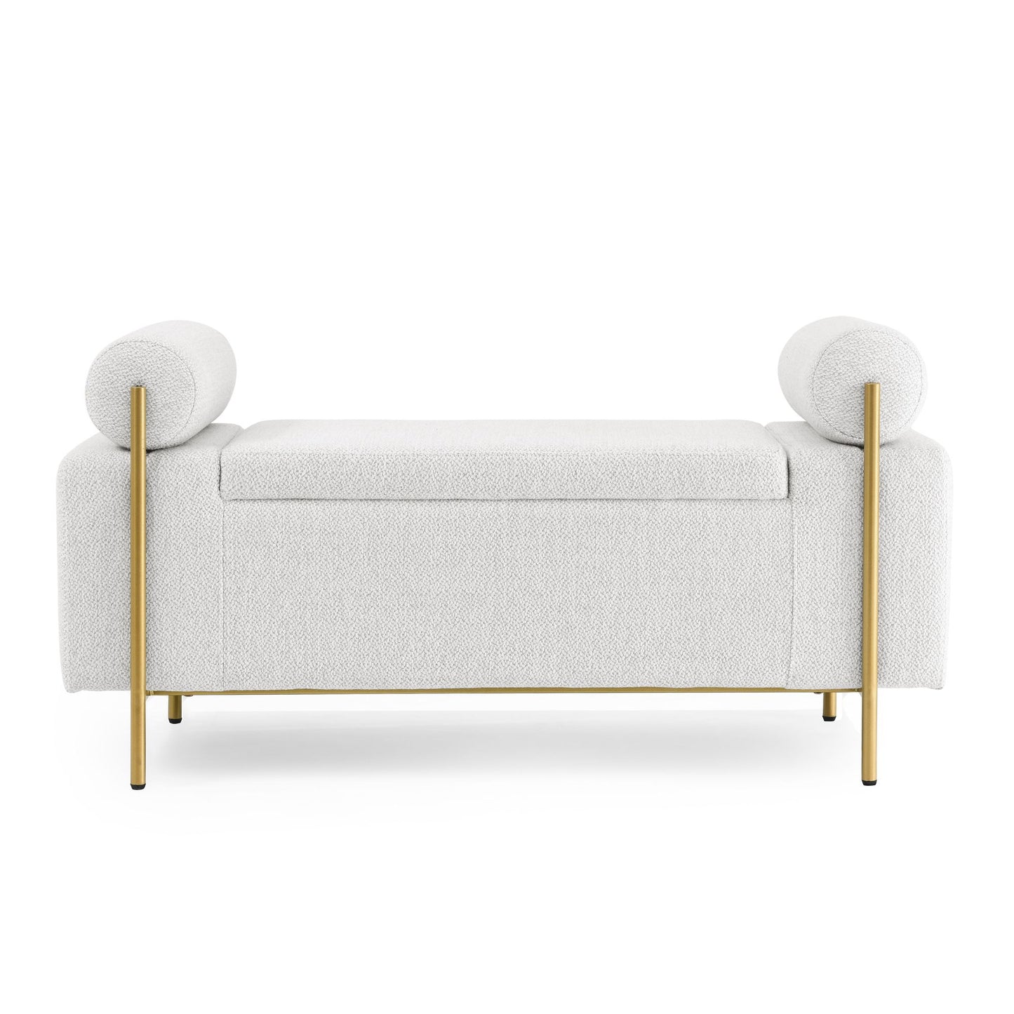 Elegant Upholstered Linen Storage Bench with Cylindrical Arms and Iron Legs for Hallway Living Room Bedroom, White image 6