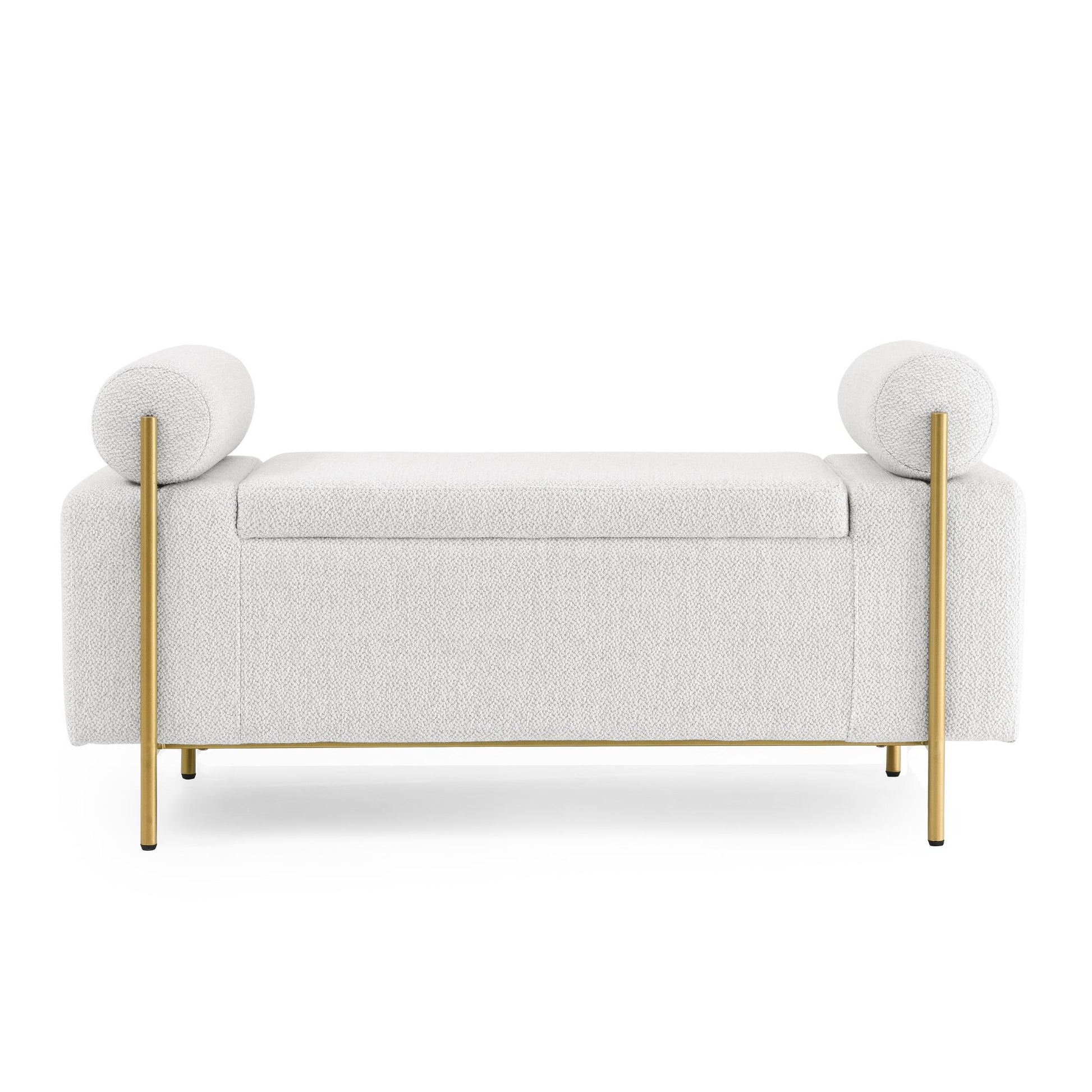 Elegant Upholstered Linen Storage Bench with Cylindrical Arms and Iron Legs for Hallway Living Room Bedroom, White image 6