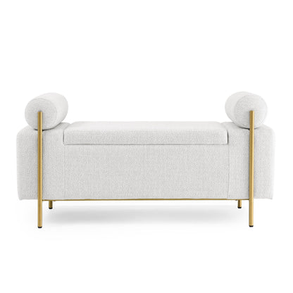 Elegant Upholstered Linen Storage Bench with Cylindrical Arms and Iron Legs for Hallway Living Room Bedroom, White image 6