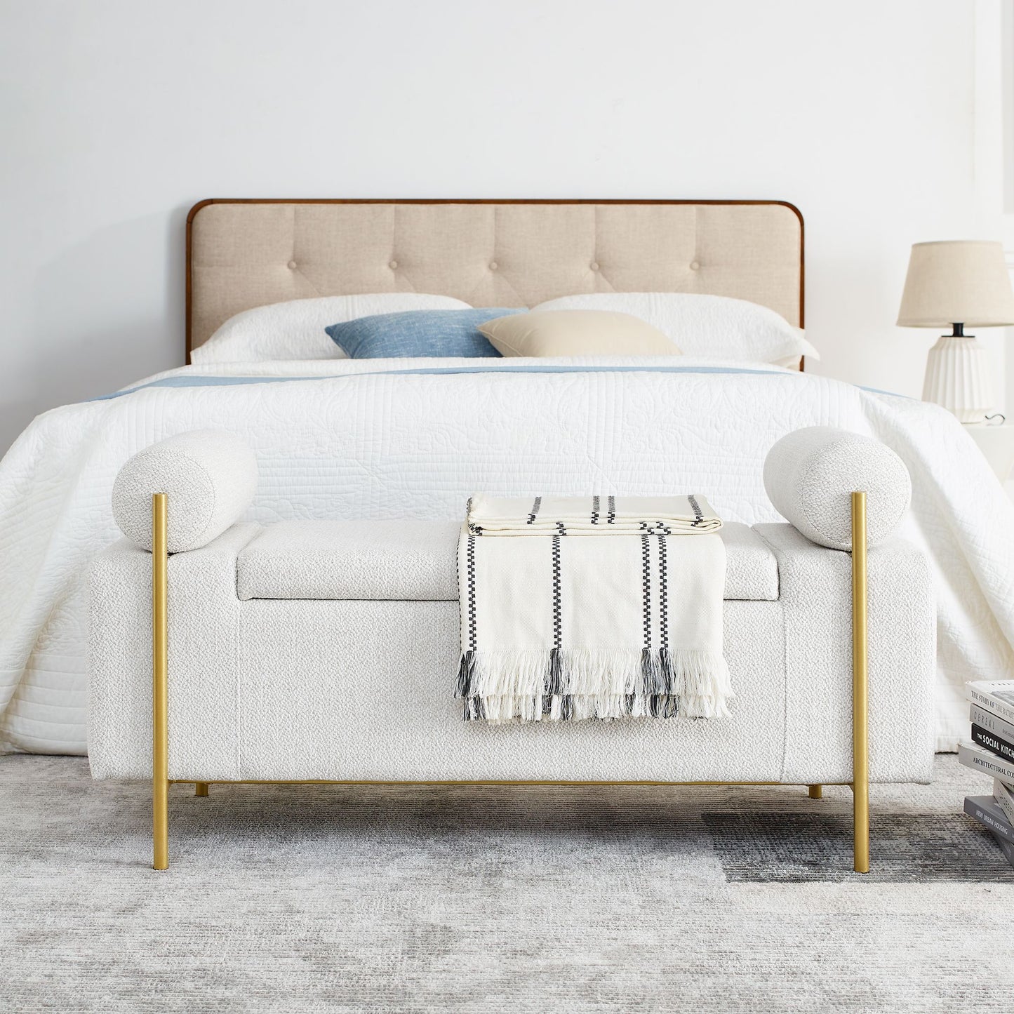 Elegant Upholstered Linen Storage Bench with Cylindrical Arms and Iron Legs for Hallway Living Room Bedroom, White image 3