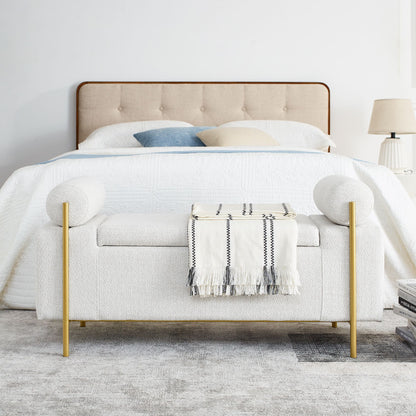 Elegant Upholstered Linen Storage Bench with Cylindrical Arms and Iron Legs for Hallway Living Room Bedroom, White image 3